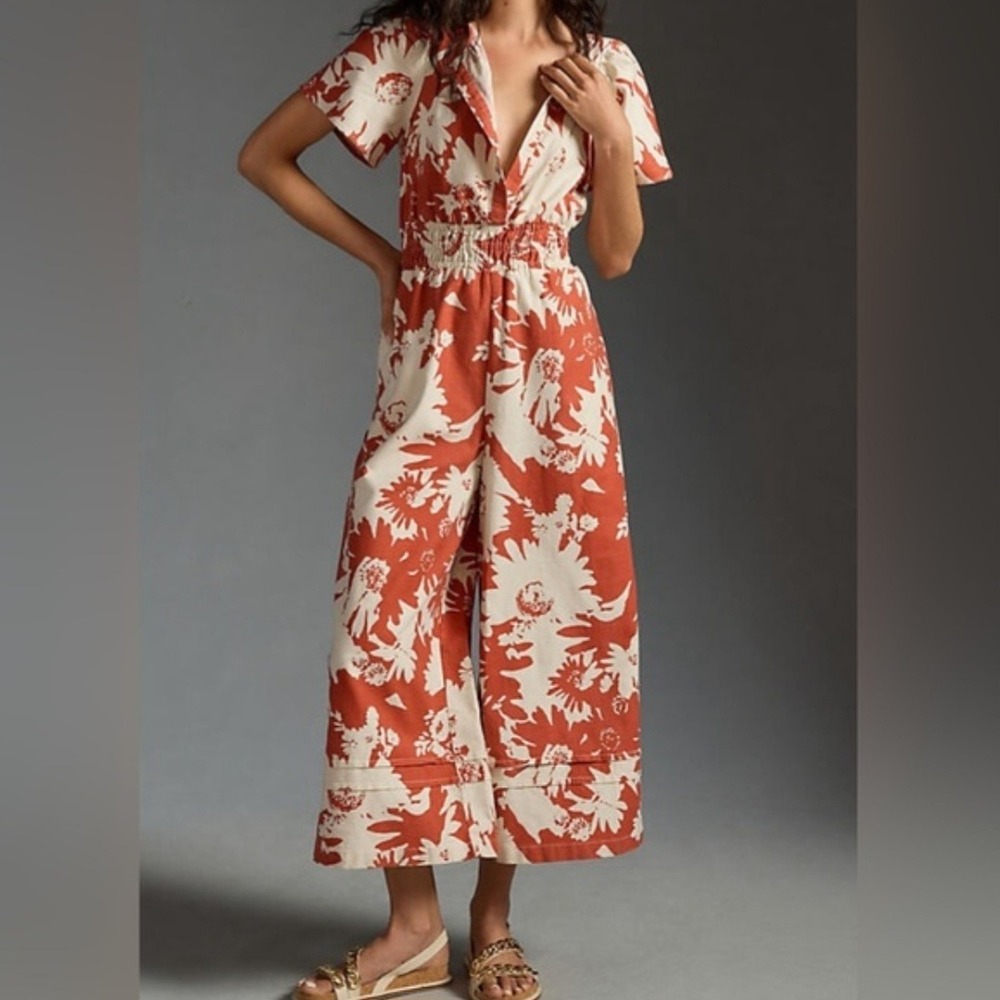 Anthropologie Rust Floral Wide Leg Jumpsuit XXS V-Neck Smocked Waist OB1673099